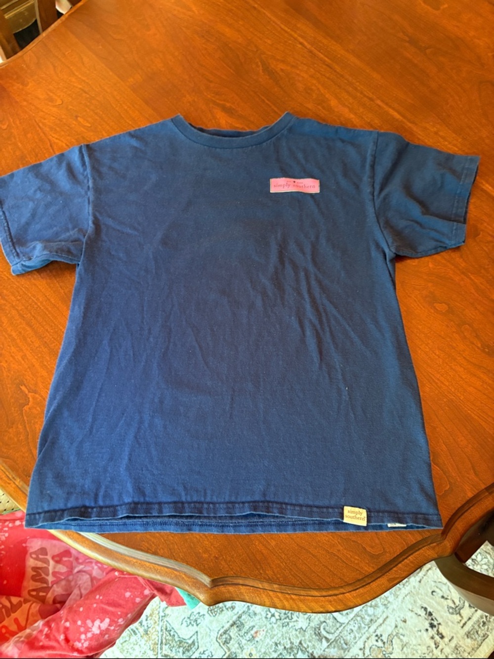 Simply Southern Navy Blue Short Sleeve Tee with Pink Chest Patch